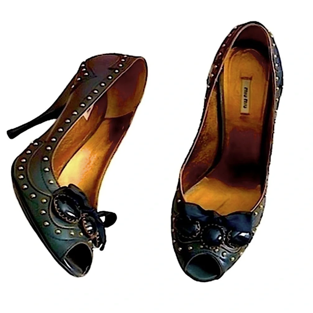 Miu Miu Leather studded peeptoe pumps cabochon & bows size 35